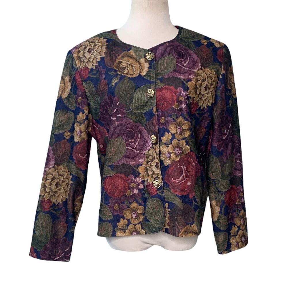 Inseparables vintage padded shoulders floral tapestry buttoned blouse size M